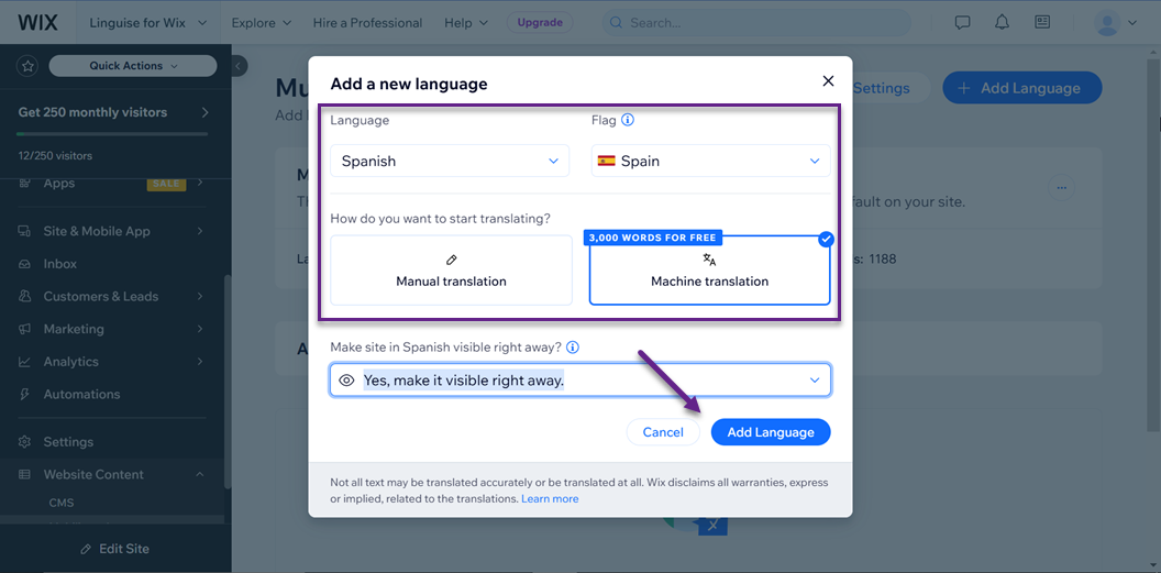 Como implementar a tradução do espanhol em um site Wix